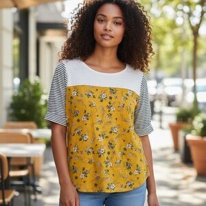 LOFT Yellow Floral and Striped Short Sleeve Top